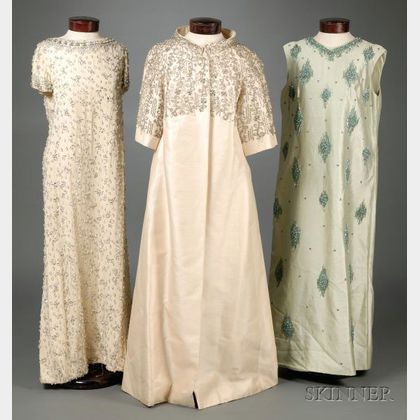Two Vintage 1960s Beaded Silk Evening Gowns and a Lillie Rubin White Beaded Silk Evening Coat
