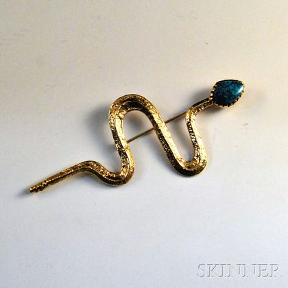 Sonwai 18kt Gold and Turquoise Snake Brooch