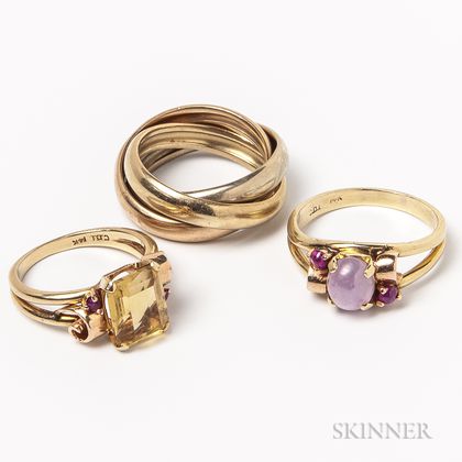 Two Retro 14kt Gold Gem-set Rings and a 14kt Tricolor Gold Three-band Ring