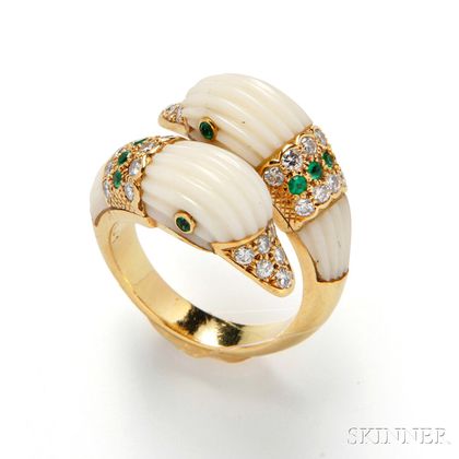 18kt Gold, Coral, Emerald, and Diamond Bypass Ring, Van Cleef & Arpels