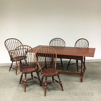 D.R. Dimes Jacobean-style Pine Dining Table and a Set of Four Bow-back Windsor Chairs, and a Sack-back Windsor Chair. 