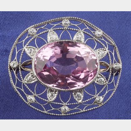 Edwardian Platinum, Diamond and Pink Topaz Brooch