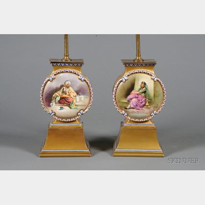 Pair of Handpainted French Porcelain Moorish Vase Lampbases