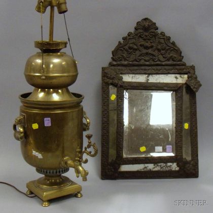 Dutch Baroque Style Pressed Brass-clad Wood Framed Mirror and a Brass Samovar Table Lamp. 