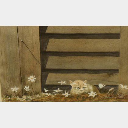 Framed Watercolor on Paper/board of a Kitten by a Barn, The Lost One