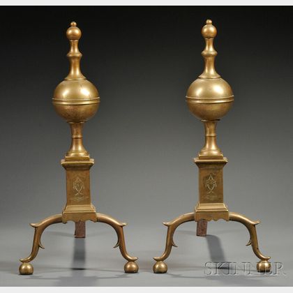 Pair of Brass and Iron Ball-top Andirons with Engraved Decoration