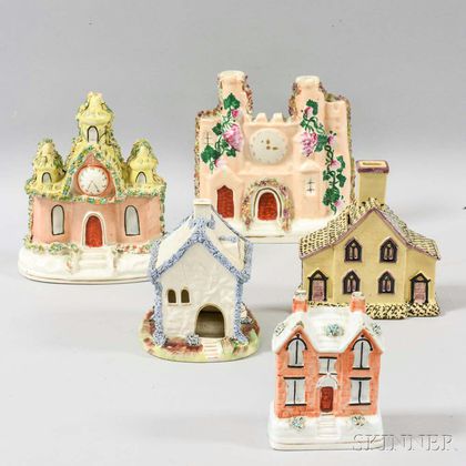 Five Staffordshire Ceramic Castles and Cottages