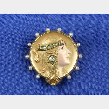 Art Nouveau Gem-set and Enamel Pendant/Watch Pin