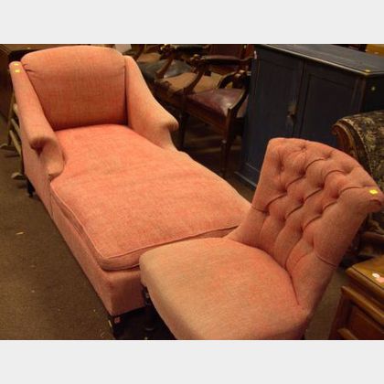 Renaissance Revival Upholstered Slipper Chair and an Upholstered Recamier. 