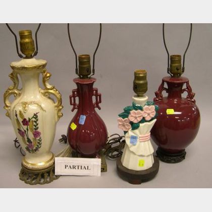 Fifteen Pieces of Assorted Art Pottery and Four Ceramic Table Lamps