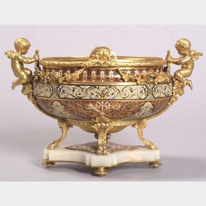 French Gilt Bronze, Champleve Enamel and Onyx Center Bowl