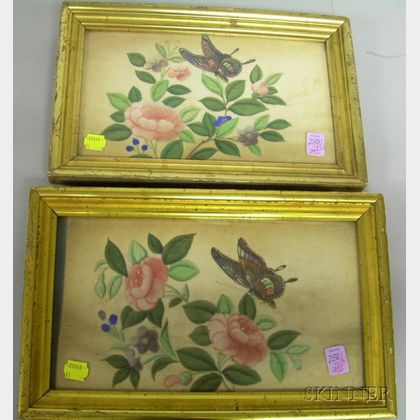 Pair of Giltwood Framed Chinese Paintings on Pith Paper Depicting Butterflies and Flowers