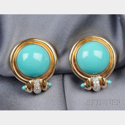 18kt Gold, Turquoise and Diamond Earclips