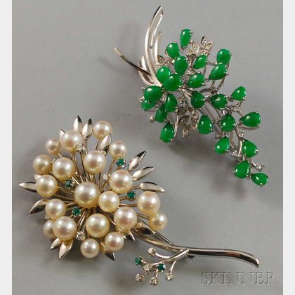 Two White Gold Gem-set Branch-style Brooches