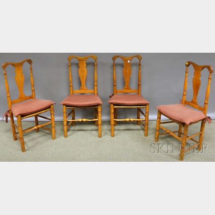 Set of Four Queen Anne Maple and Beechwood Yoke-back Side Chairs with Woven Splint Seats