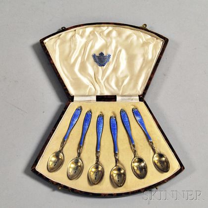 Set of Six Edwardian Silver-gilt and Guilloche Enamel Demitasse Spoons