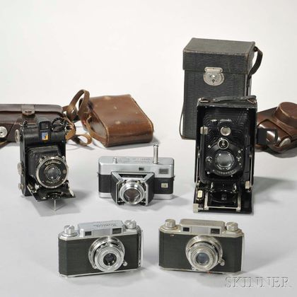 Two Occupied Japan Konica Rangefinder and Three Voigtlander Cameras