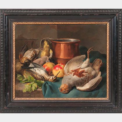 Continental School, 19th Century Still Life with Game Birds, Fruits, and Copper Vessel