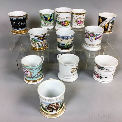 Twelve Floral- and Bird-decorated Porcelain Shaving Mugs