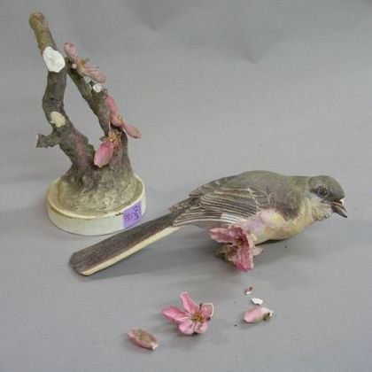 Royal Worcester/J. Doughty Hand-painted Porcelain Mocking-Bird Figural Group, (damage). 