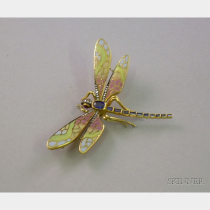 Art Nouveau-style Plique-a-jour and Gem-set Dragonfly Pin
