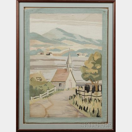 Large Framed Hooked Rug with House and Trees