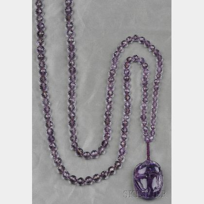 Art Deco Amethyst Bead Long Necklace and Pendant
