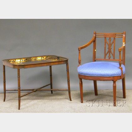 Regency-style Upholstered Mahogany Armchair and a Gilt-decorated Painted Tole Tray on Mahogany Stand. 