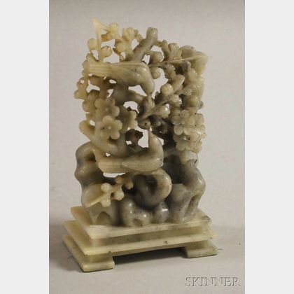 Speckled Jade Carving of Birds on a Flowering Tree