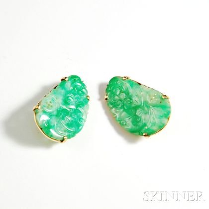 14kt Gold and Carved Jade Earclips