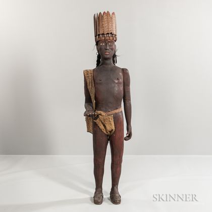 Carved Indian Figure in a Carved Wood "Feathered" Headdress