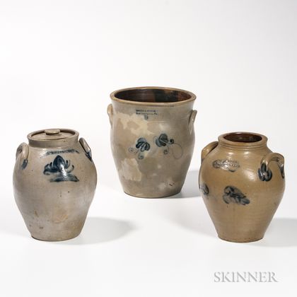 Three Cobalt Floral-decorated Stoneware Jars