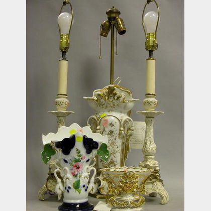 Pair of Gilt Porcelain Candlestick Table Lamps, a Gilt Paris Porcelain Vase Table Lamp, and Two Vases. 