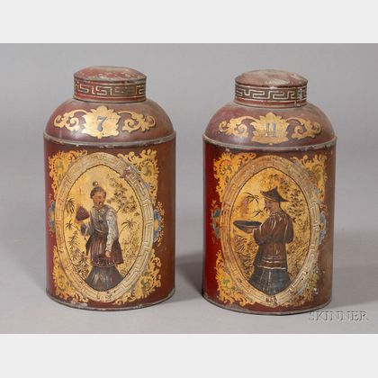 Pair of Painted and Chinoiserie Gilt Decorated Tin Retail Covered Tea Canisters