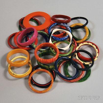Large Group of Bakelite and Plastic Bangle Bracelets