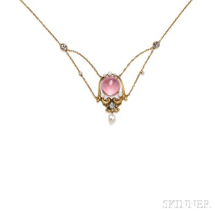 Arts & Crafts Gold and Pink Tourmaline Necklace, Attributed to Frank Gardner Hale