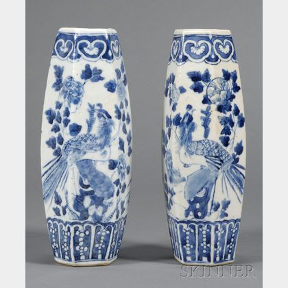 Pair of Blue and White Hexagonal Porcelain Vases