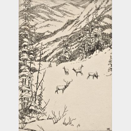 Hans Kleiber (American/German, 1887-1967) Lot of Three Views in the Rockies: Elk in Winter, Herder and Sheep Before a Broad Panorama, a