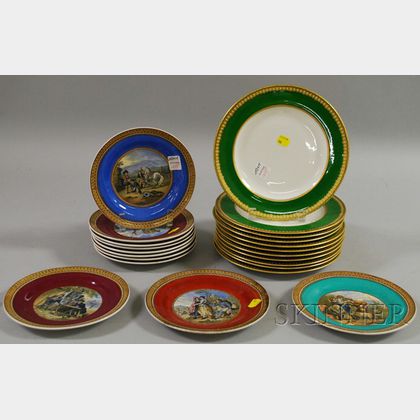Eleven Royal Crown Derby Green Gilt-rimmed Dishes and Eleven Transfer-decorated Prattware Plates