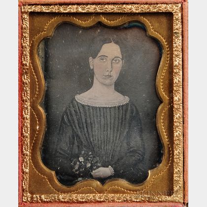 Ninth-plate Daguerreotype of a Folk Portrait of a Young Woman Holding Flowers
