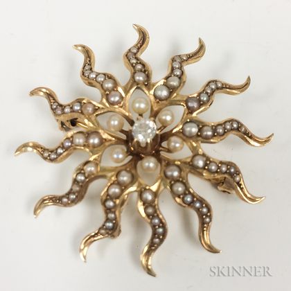 Antique 14kt Gold, Diamond, and Seed Pearl Sunburst Brooch
