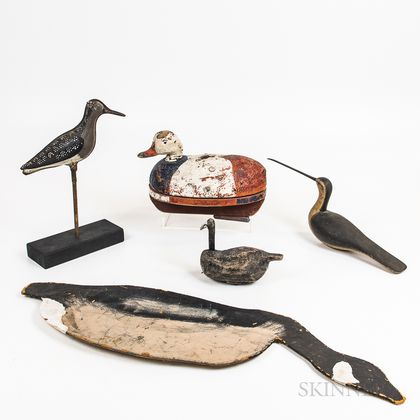 Six Carved and Painted Wood and Tin Decoys and Shorebirds