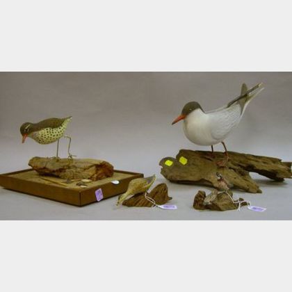 Russ P. Burr Miniature Carved and Painted Duck Figure and Quail Figural Group, and Bill Weikert Carved and Painted Shorebird and Seagul
