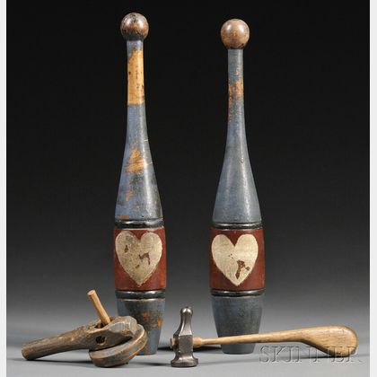 Pair of Painted Wood Juggling Clubs, Wooden Top, and a Ball Peen Hammer