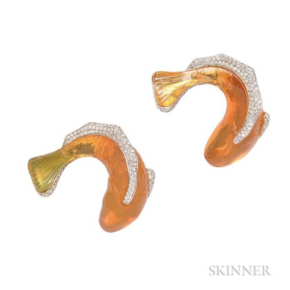 Pair of 18kt Gold, Diamond, and Carved Fire Opal Carp Earclips, Vhernier