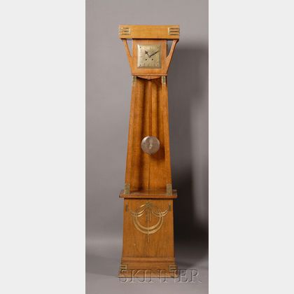 German Arts & Crafts Brass-mounted Oak Tall Case Clock