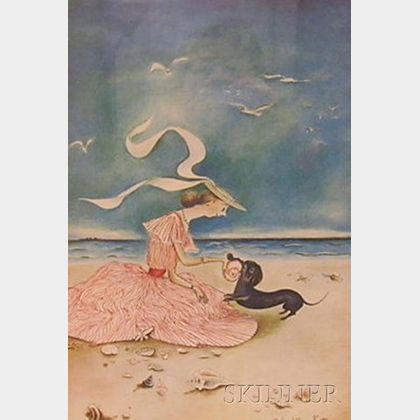 Framed Color Offset Lithograph of a Young Woman and Dog on the Beach After Mary Petty (American, 1899-1976)