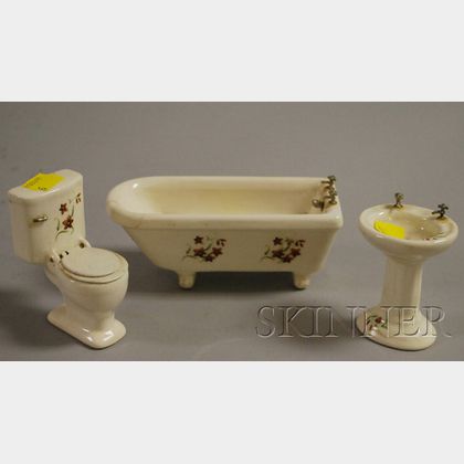 Three-piece Painted Porcelain Dollhouse Bathroom Set