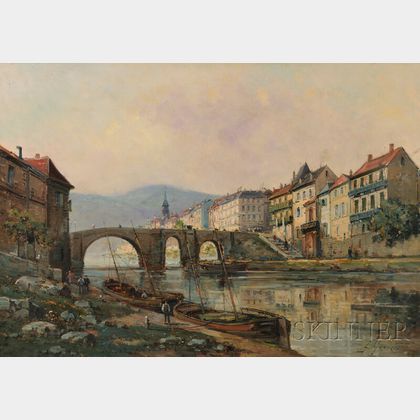 Francisco Masriera y Manovens (Spanish, 1842-1902) Town Riverfront with an Arched Bridge