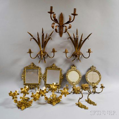 Five Pairs of Mostly Brass Wall Sconces and a Single. Estimate $400-600